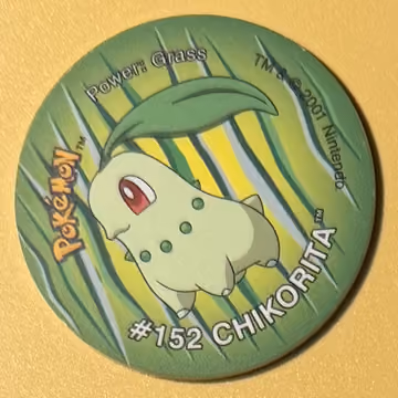 Chikorita — Tazo · World of Johto · Tazo Nr. 28 · Englisch, Vorderseite