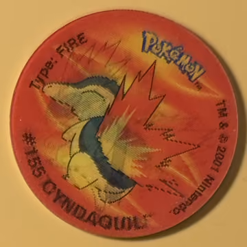 Cyndaquil – Quilava – Typhlosion — Tazo · 3D Tazos – World of Johto · Tazo Nr. 20 · Englisch, Vorderseite