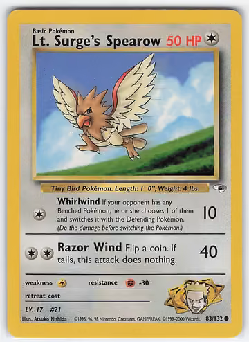 Lt. Surge's Spearow — Gym Heroes · #83 · Englisch, Vorderseite